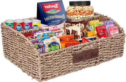 Snack Organizer for Countertop, Trapezoid Snack Organizer Seagrass Wicker Basket, 5 Compartments Snack Box Container, Snack Bar Station Organizer, Kitchen Cabinet Pantry Organizer and Storage