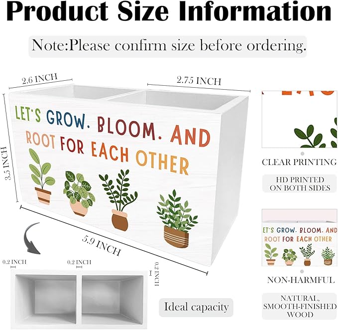 Boho Classroom Decor, Let's Root for Each Other Inspirational Pen Holder for Desk, Positive Botanical Wooden Box Sign Desk Decor for Office Home Decoration, Motivational Pencil Organizer