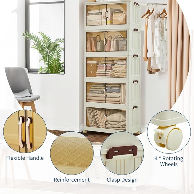 Garvee 630QT Stackable Storage Bins, Plastic Bins for Storage with Lids, Plastic Storages Drawers with Magnetic Doors & Wheels, Foldable Collapsible Closet Organizers for Home, Dorm, Office, White