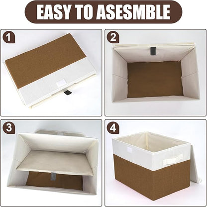 Large 22 Quart Linen Fabric Foldable Storage Bin Cube Organizer Basket with Flip-Top Lid & Handles, Clothes Blanket Box for Home, Office, Closet, Brown & White, 4 Pack 14.6 x 9.5 x 9.5