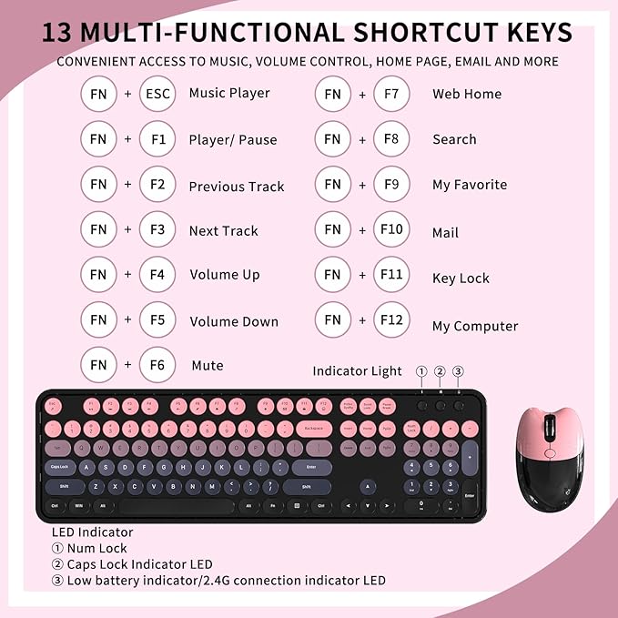 Wireless Keyboard and Mouse, MOFII 104 Round Keycaps Retro Typewriter with OTG & Brush, Full-Size Ergonomic, Ideal for Windows PC, Home, Office and College Peach Pink
