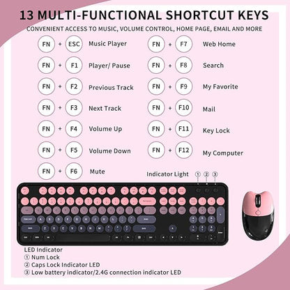 Wireless Keyboard and Mouse, MOFII 104 Round Keycaps Retro Typewriter with OTG & Brush, Full-Size Ergonomic, Ideal for Windows PC, Home, Office and College Peach Pink