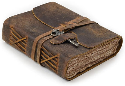 LEATHER VILLAGE Vintage Leather Journal – 200 Handmade Vintage Deckle Edge Paper – Leather bound Journal For Women Men – Vintage Key Closure - Book of Shadows - Cappuccino Brown - 8X6 inches (A5)