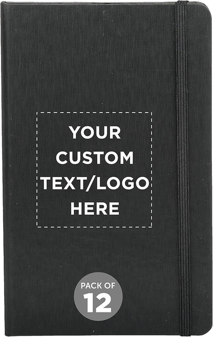DISCOUNT PROMOS Custom Hardcover Notebook Journals with Elastic Colored Band Set of 12, Personalized Bulk Pack - Perfect for School, Office, Home - Black
