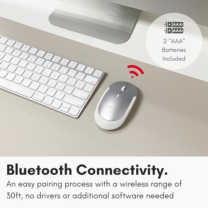 Macally Wireless Bluetooth Mouse for Mac, MacBook Pro/Air, iPad, and PC - Comfortable and Quiet Compatible Wireless Apple Mouse - Silver