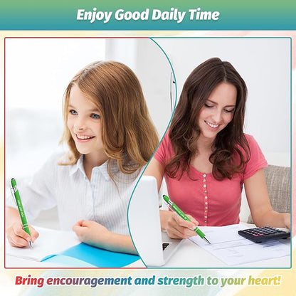 200 Piece Inspirational Pens Kit with Stylus Tip & Sayings – 100 Motivational Pen + 100 Individual Bags – Uplifting Quote & Positive Ideas – For Teachers, Office, School, Meetings (Christmas Green)