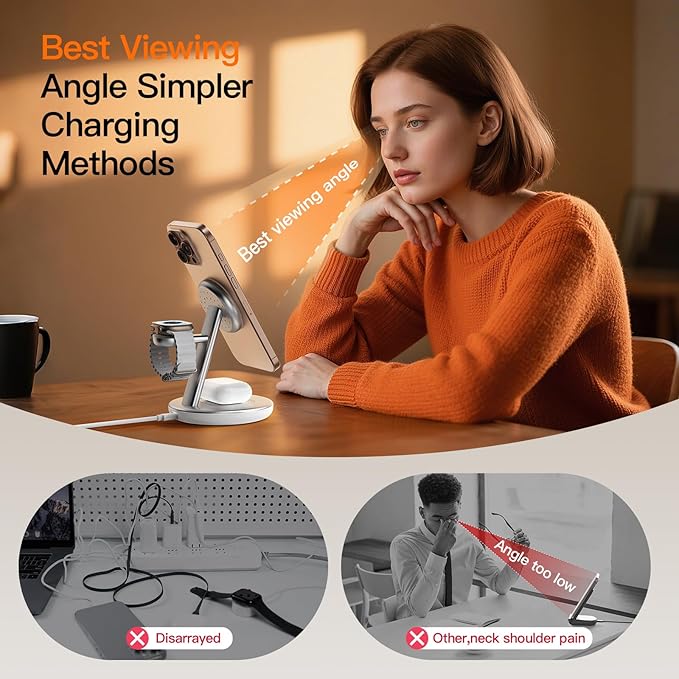 2025 Apple 5W Fast iWatch Charging,3 in 1 Charging Station for Apple Devices,Mag-Safe Charger Stand,Wireless Charger for iPhone 17/16/15/14/13/12 Series,& AirPods（Silvery）