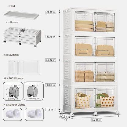 FINCHESCLUB 752QT Extra Large Stackable Storage Bins with Lids, 188Gal Foldable Storage Bins with Doors and Wheels, Collapsible Closet Organizers for Home Office, Christmas Gifts - 4 Pack - White