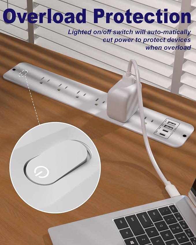 Recessed Power Strip Extension - 10 Outlet Surge Protector with 6 AC - 2 USB-A（18W） and 2 USB-C（PD20W） Ports - Flush Mount Desk Outlet with 6 Feet Cord - for Conference Table (White)