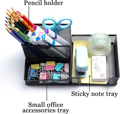 2 Pieces Pen Holder Mesh Metal Pencil Holder Desk Organizers Black for Desk Office with 3 Compartments Pencil Holders,Desktop Storage Caddy Organization,Suitable for School, Home,Black