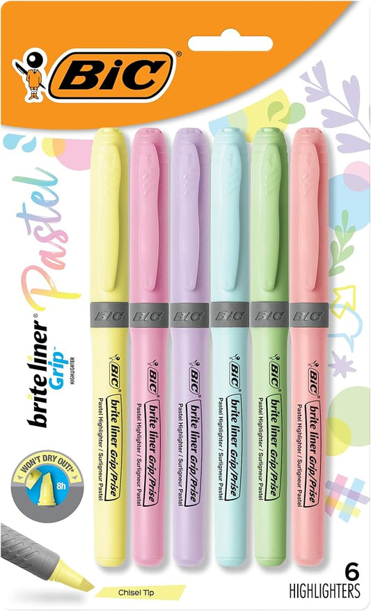 BIC Brite Liner Grip Pocket MINI Highlighter, Pastel Ink Colors, Chisel Tip, 6 Count (Pack of 1)