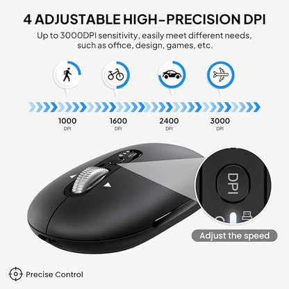 Multi-Device Bluetooth Mouse (BT1/BT2 + 2.4G), Small Slim Travel Mouse, 4-Way Metal Scroll Wheel, Silent Click, 4-Levels Adjustable DPI, for Laptop Tablet iPadOS Mac (Black)