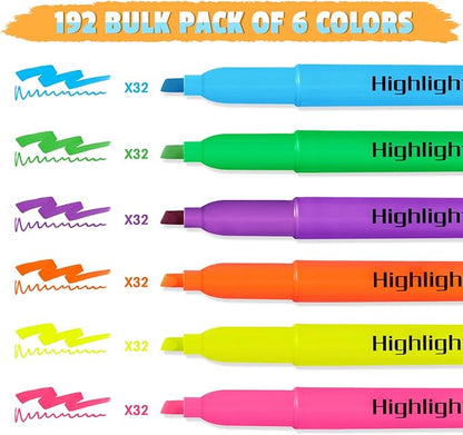 Aigybobo 192 Pack Highlighters in 6 Assorted Colors, Chisel Tip Dry-Quickly Highlighters Bulk, No Bleed Highlighter Markers for Kids Adults, Classroom Teachers Must Haves, School Office Supplies