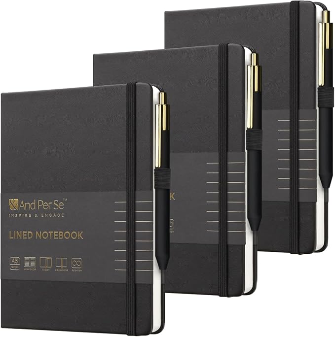&And Per Se Lined Journal and Pen Set (3 packs), A5 Leather Journal Stationery Set, 160 Pages 100GSM Thick Paper, Notebook Gift Set (Black)