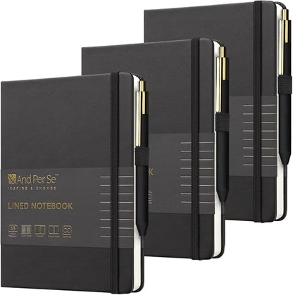 &And Per Se Lined Journal and Pen Set (3 packs), A5 Leather Journal Stationery Set, 160 Pages 100GSM Thick Paper, Notebook Gift Set (Black)