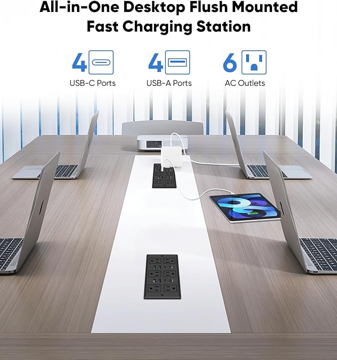45W Recessed Power Strip, Flush Mounted Surge Protector(1200J) with 6 AC Outlets & 8 USB Ports(4 USB-C), 45°Flat Plug, 6FT Flat Power Cord(Black)
