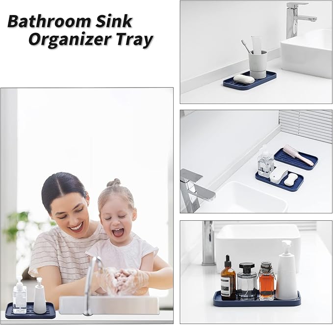 Silicone Kitchen Sink Organizer Tray for Multiple Usage,Eco-Friendly Sponges Holder for Kitchen Bathroom Counter or Sink,Dish Soap Dispenser,Scrubber,Bottle,Cup (Navy Blue, 10"×5.3")