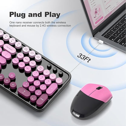 MOFII Wireless Keyboard and Mouse Combo, Full Size 2.4G Plug and Play Typewriter Retro Round Computer Keyboard and Mouse Set for Windows, Computer, Desktop, PC, Notebook - (Black Pink Gradient)