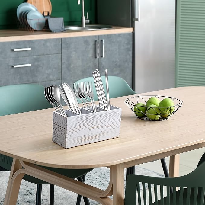 Pencil Pen Holder for Desk, White Washed Wood Office Desk Organizers and Accessories with 4 Slots for Countertop, Makeup Brush Holder Organizer for Bathroom Vanity, Silverware Caddy for Party