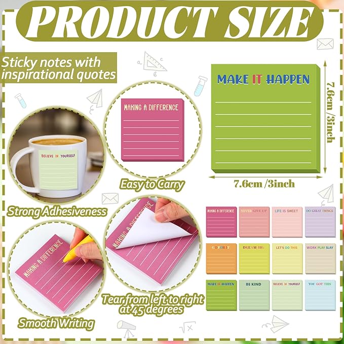 Yinder 24 Pcs Inspirational Sticky Notes Christmas Stocking Stuffers Motivational Sticky Notes Pad Employee Appreciation Gift Bulk for Teacher Nurse Coworker Office 3 x 3'' (Inspirational,Macaroon)