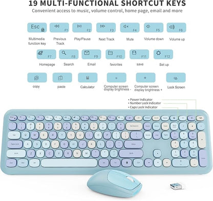 Wireless Keyboard and Mouse Combo, Colorful Ergonomic Full Size Retro Low-Noise Keyboard with Cute keycaps, Compatible with Windows, PC, Perfer for Home and Office Keyboards (Blue)