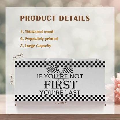 Racing Checkered Inspirational Pencil Pen Holder for Desk, If You're Not First You're Last Wooden Pencil Holder Organizer for Home Office Desk Accessories, Motivational Gifts for Men