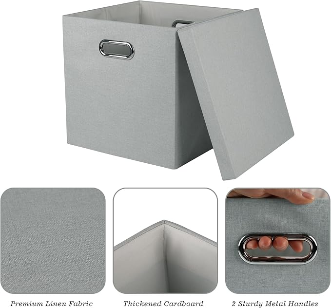 Storage Bins with Lids, Collapsible Linen Fabric Boxes Organizer Containers with Lid Foldable Storage Box Basket for Closet, Shelves, Home, Office, 12 x 12 x 12.4 Inch, 4 Pack, Gray