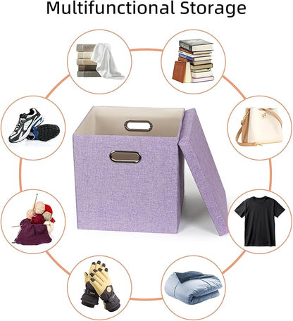 Storage Bins with Lids, Collapsible Linen Fabric Boxes Organizer Containers with Lid Foldable Storage Box Basket for Closet, Shelves, Home, Office, 12 x 12 x 12.4 Inch, 4 Pack, Purple