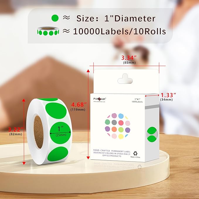 PARLAIM 1 Inch Round Adhesive Color-Code Dot Stickers,10000per 10 Rolls dots Label Dispenser Box, Green Circle Stickers Label for Office Home (Green)