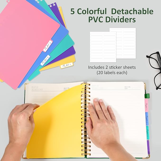 Hardcover Spiral Notebook Journal, 8"x10" Large B5 Notebooks with Removable Dividers Tabs, 300 Pages Leather 5 Subject Notebook College Ruled, Journal for Work School Note, 100 GSM Thick Paper,Green.