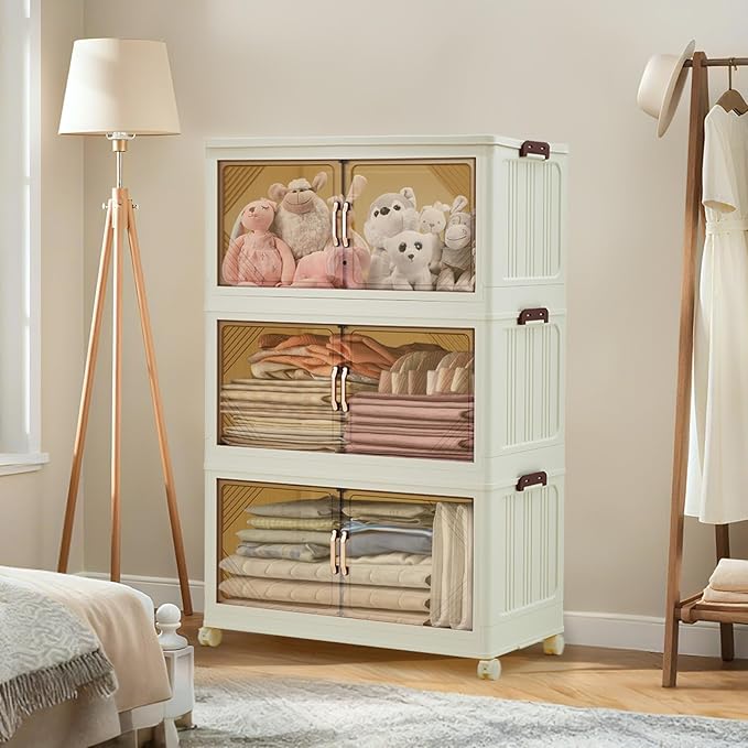 Garvee 285QT Stackable Storage Bins, Plastic Bins for Storage with Lids, Plastic Storages Drawers with Magnetic Doors & Wheels, Foldable Collapsible Closet Organizers for Home, Dorm, Office, White