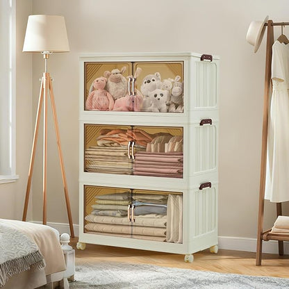 Garvee 285QT Stackable Storage Bins, Plastic Bins for Storage with Lids, Plastic Storages Drawers with Magnetic Doors & Wheels, Foldable Collapsible Closet Organizers for Home, Dorm, Office, White