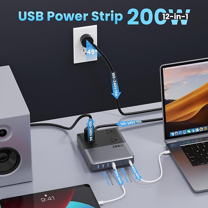 12-in-1 Charging Station USB C Power Strip with 5ft Cord and Plug,200W GaN IV USB C Charger Block,4 AC Outlets,4 USB-A,4 USB-C for MacBook,iPhone 17/16/15,Fast Charging Desktop Charger for Office,Home