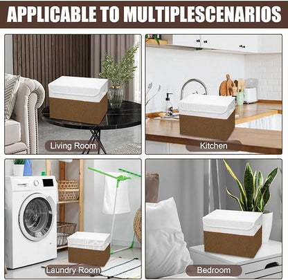 Large 22 Quart Linen Fabric Foldable Storage Bin Cube Organizer Basket with Flip-Top Lid & Handles, Clothes Blanket Box for Home, Office, Closet, Brown & White, 4 Pack 14.6 x 9.5 x 9.5