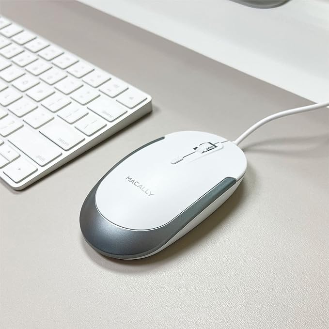 Macally Silent Wired Mouse - Slim & Compact USB Mouse for Apple Mac or Windows PC Laptop/Desktop - Designed with Optical Sensor & DPI Switch - Simple & Comfortable Wired Computer Mouse (White)