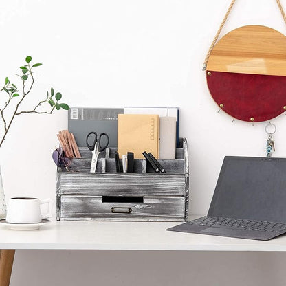 VERGOODR Rustic Wooden Office Desk Organizer 5 Compartment with 2 Drawer &Counter Home Tabletop Desktop Jewelry Mail Rack Storage Box for Pens Notebooks Folders Pencils (Grey white)