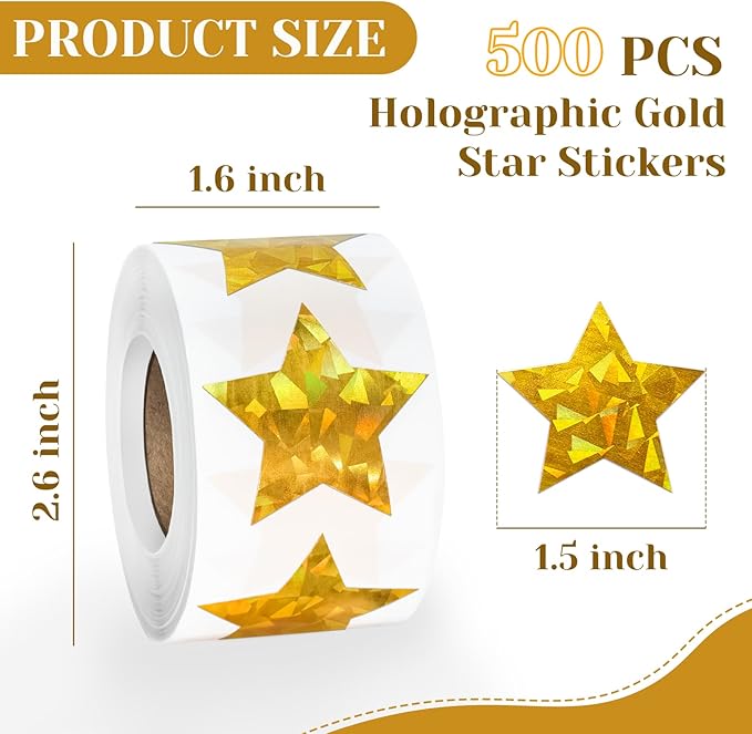 500 PCS Holographic Gold Star Stickers, 1.5 inch Self Adhesive Metallic Glitter Foil Stickers Sparkly Star Sticker Reward Behavior Chart Labels for Kids Students Teachers
