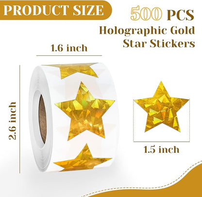 500 PCS Holographic Gold Star Stickers, 1.5 inch Self Adhesive Metallic Glitter Foil Stickers Sparkly Star Sticker Reward Behavior Chart Labels for Kids Students Teachers