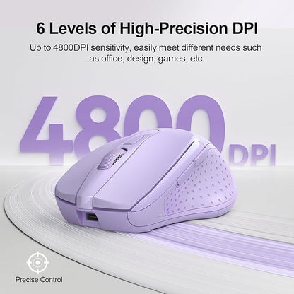 TECKNET Wireless Mouse (BT5.0/3.0 & 2.4G) Rechargeable 4800 DPI Silent USB A & Bluetooth Mouse 6 Buttons, Wide Compatibility - Lavender