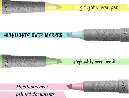BIC Brite Liner Grip Pastel Highlighter Set, Chisel Tip, 12-Count Pack of Pastel Highlighters in Assorted Colors, Cute Highlighters for Bullet Journaling, Note Taking and More