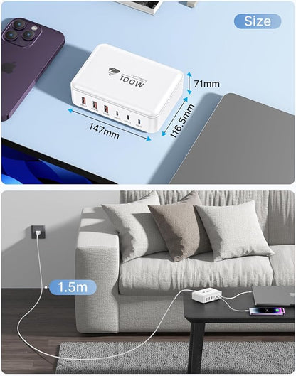 Aiminu 100W USB C Charging Station, 6-Port PD 65W Max Fast Charger, GaN Desktop Charger with 3 USB-C (65W/20W) & 3 USB-A (15W), for MacBook, Dell, iPad, iPhone 17/16/15, Galaxy S25/S24, Pixel 10/9