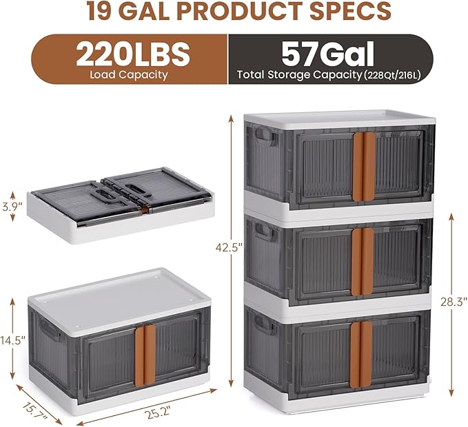 LCG 3-Tier Foldable Plastic Storage Bins with Lids and Doors, 57 Gallon (19 Gal x 3pack), Stackable Organizer Drawer (Large)