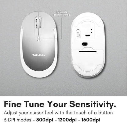 Macally Wireless Bluetooth Mouse for Mac, MacBook Pro/Air, iPad, and PC - Comfortable and Quiet Compatible Wireless Apple Mouse - Silver