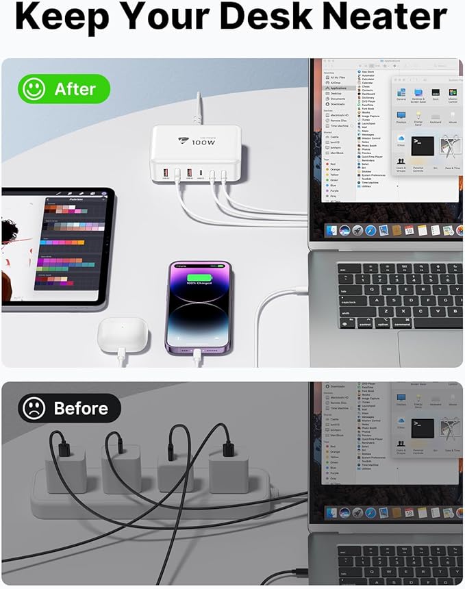 Aiminu 100W USB C Charging Station, 6-Port PD 65W Max Fast Charger, GaN Desktop Charger with 3 USB-C (65W/20W) & 3 USB-A (15W), for MacBook, Dell, iPad, iPhone 17/16/15, Galaxy S25/S24, Pixel 10/9