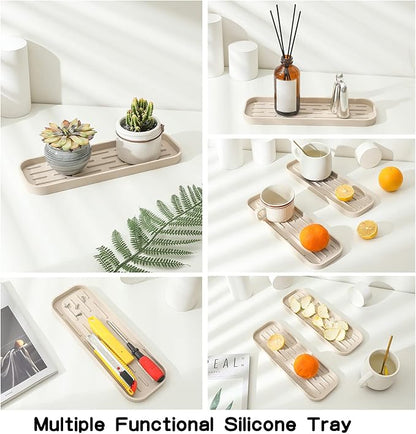 Silicone Kitchen Sink Organizer Tray for Multiple Usage,Eco-Friendly Sponges Holder for Kitchen Bathroom Counter or Sink,Dish Soap Dispenser,Scrubber,Bottle,Cup (Tapioca, 12"×4")