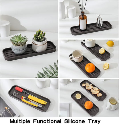 Silicone Kitchen Sink Organizer Tray for Multiple Usage,Eco-Friendly Sponges Holder for Kitchen Bathroom Counter or Sink,Dish Soap Dispenser,Scrubber,Bottle,Cup (Coffee, 12"×4")