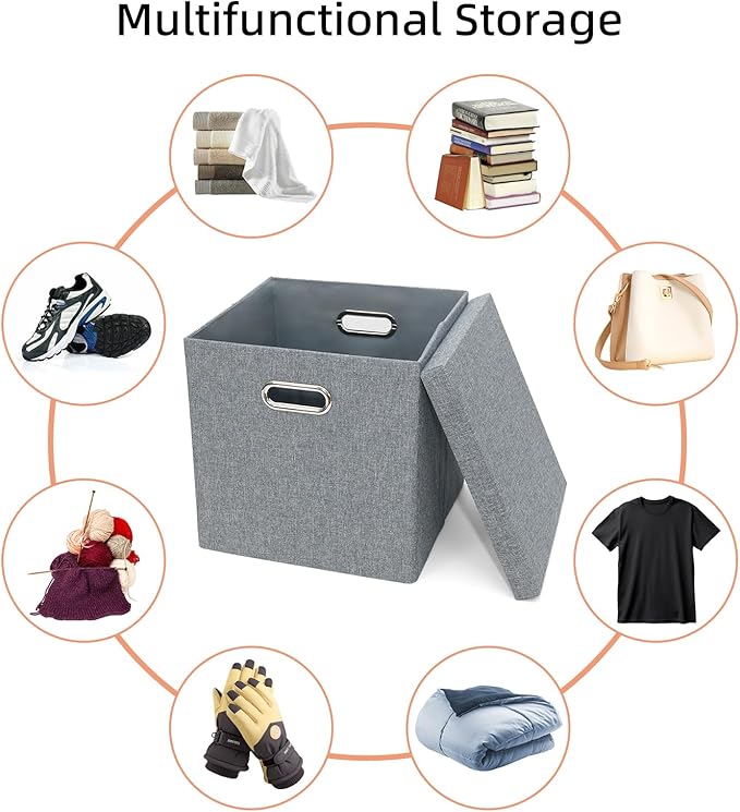 Storage Bins with Lids, Collapsible Linen Fabric Boxes Organizer Containers with Lid Foldable Storage Box Basket for Closet, Shelves, Home, Office, 12 x 12 x 12.4 Inch, 4 Pack, Dark Gray