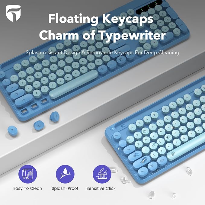 Wireless Keyboard and Mouse Combo, Retro Round Keycaps, Full-Size Cute Typewriter Keyboard with Large Phone/Tablet Holder, Auto-Sleep, 2.4GHz Cordless Connection for Windows/PC/Laptop (Sky Blue)
