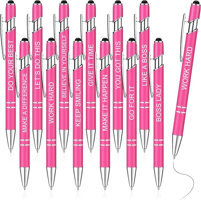 Zonon 12 Pcs Inspirational Pens Bulk Funny Ballpoint Pen with Stylus Tip Motivational Gifts for Christmas Teacher Coworkers Nurse School Office Supplies(Pink,Boss Lady)