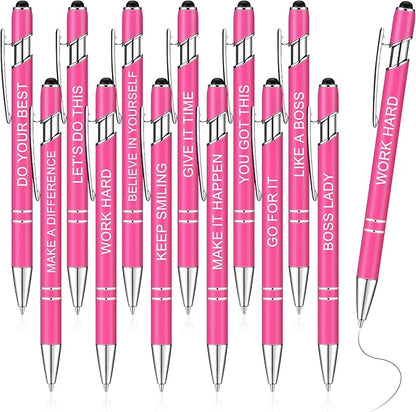 Zonon 12 Pcs Inspirational Pens Bulk Funny Ballpoint Pen with Stylus Tip Motivational Gifts for Christmas Teacher Coworkers Nurse School Office Supplies(Pink,Boss Lady)